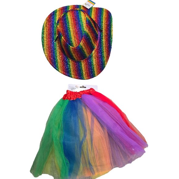 Rainbow sparkle glitter Cowboy Hat & Tutu Set pride LGBTQIA+ rainbow halloween - Picture 2 of 9